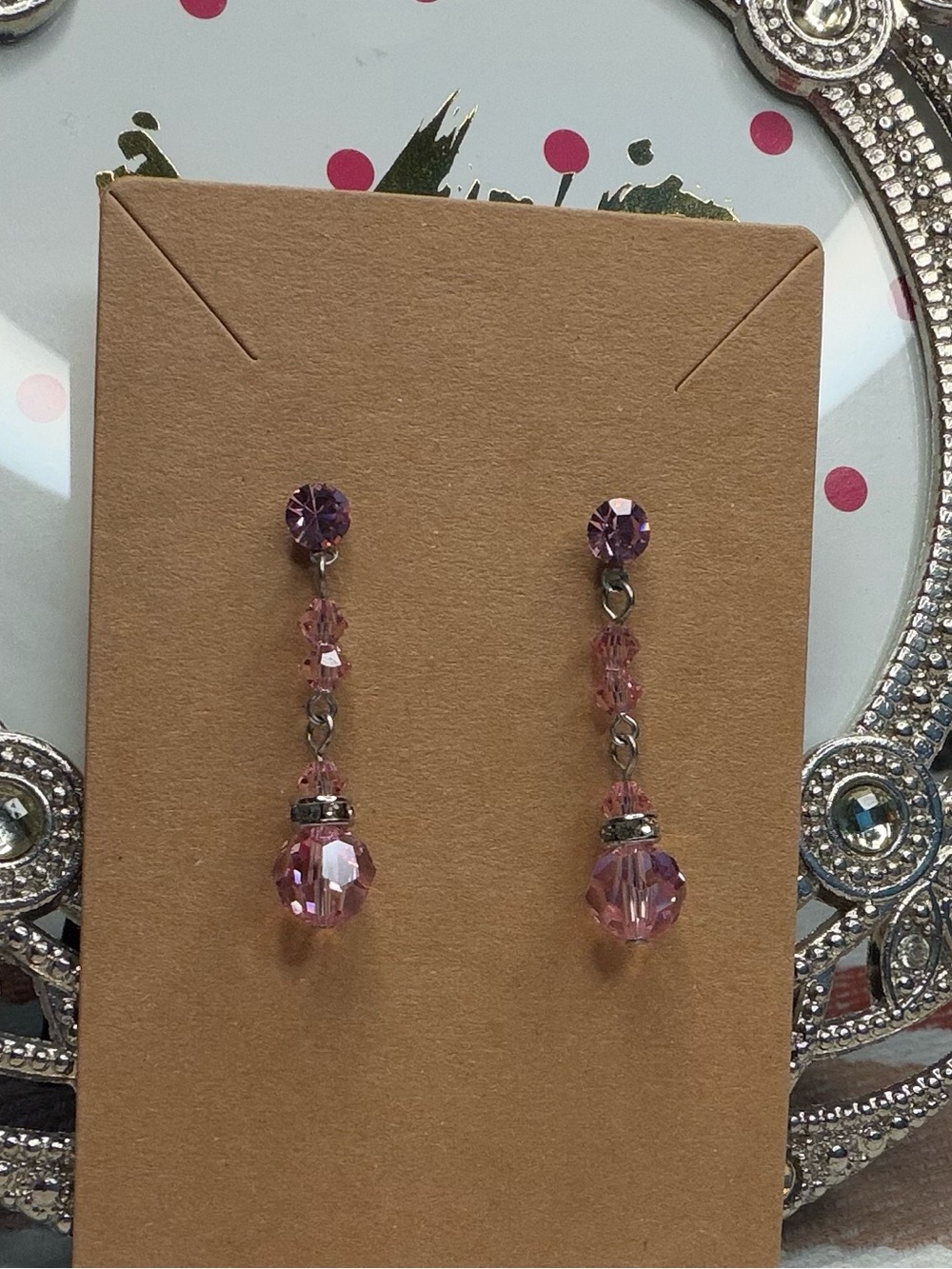Dainty Pink Crystal Linear Drop Earrings Silver Tone Post